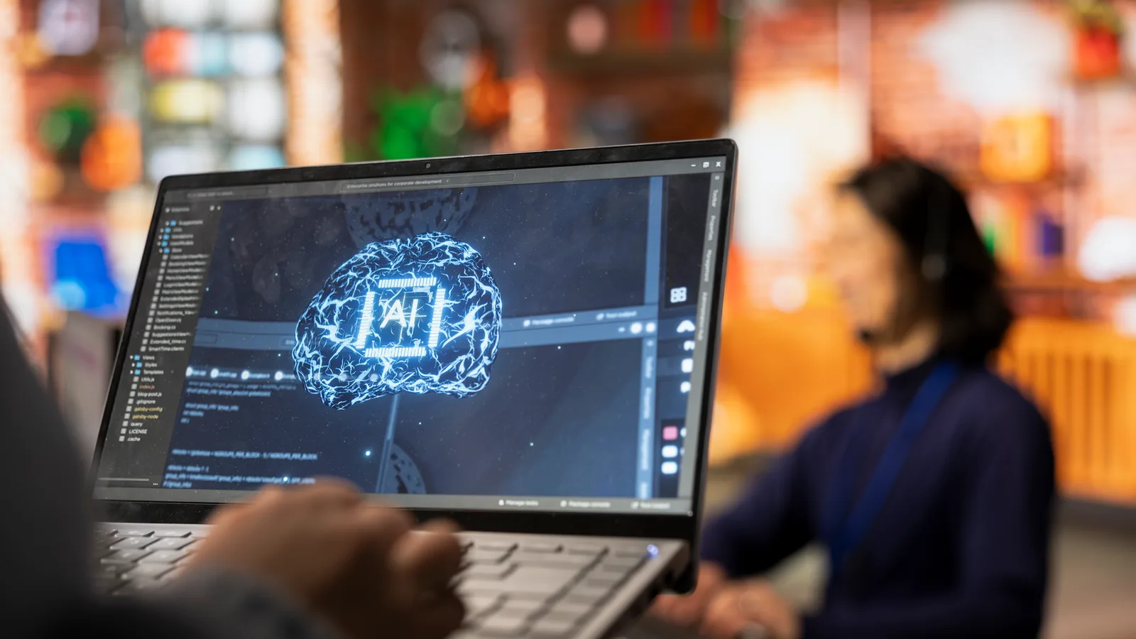 AI search interface generating answers on a laptop