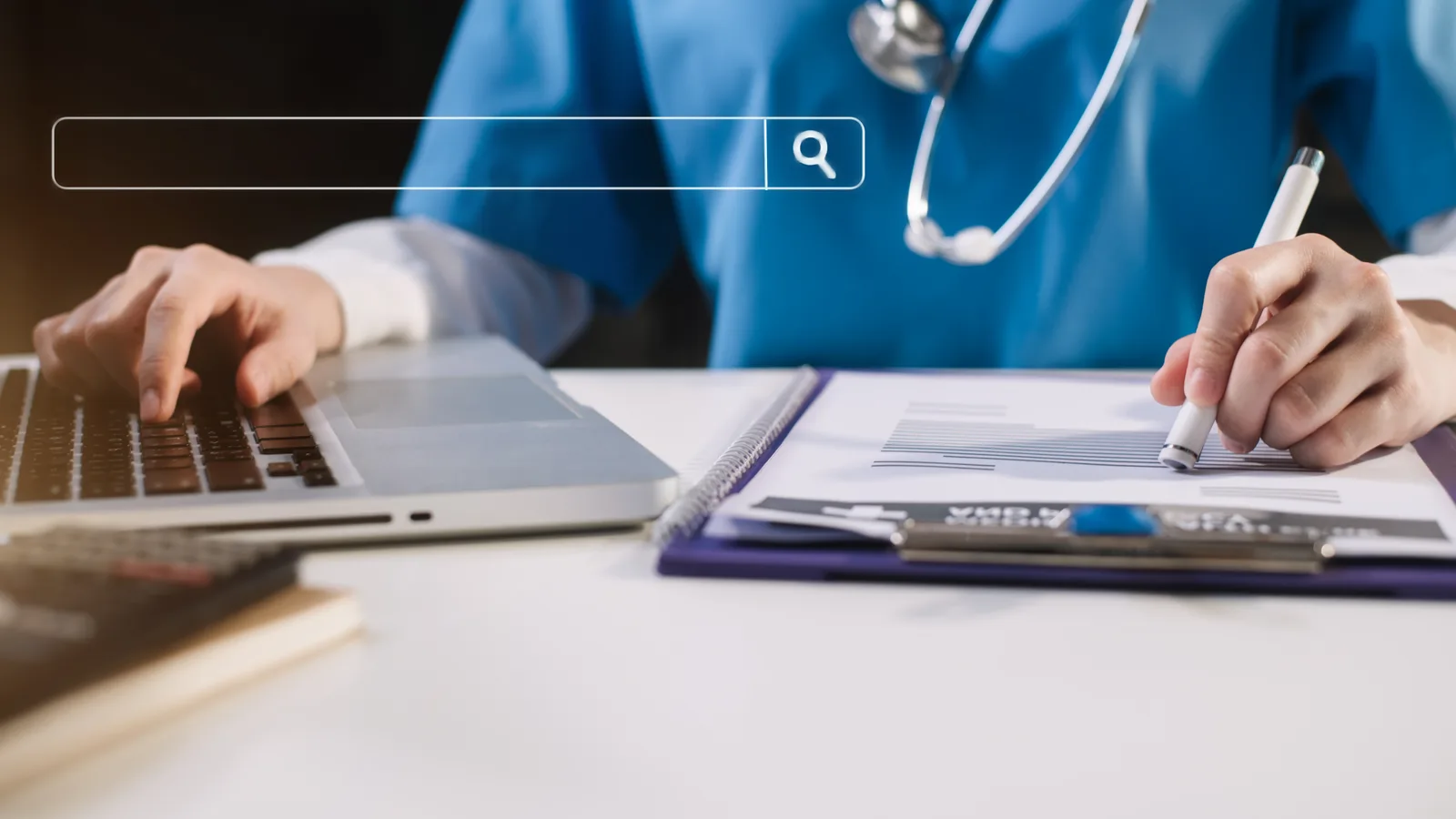 Healthcare practice owner reviewing multichannel advertising performance across platforms on a laptop