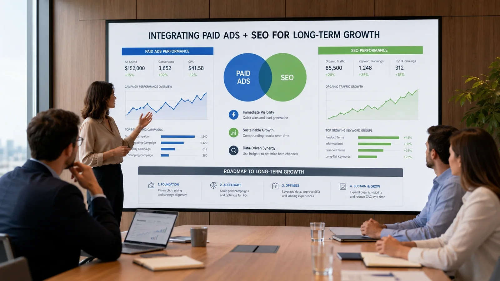Healthcare practice owner reviewing paid ads and SEO performance data on a laptop dashboard