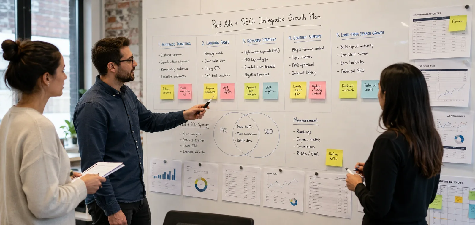 Healthcare marketing team analyzing combined search performance metrics on screens