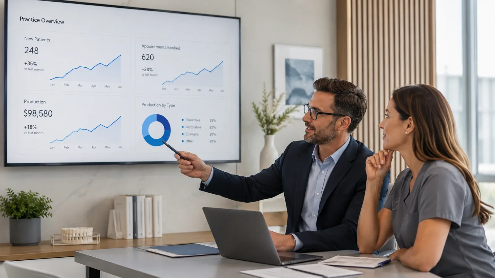 Dental practice consultant and team member reviewing practice performance metrics