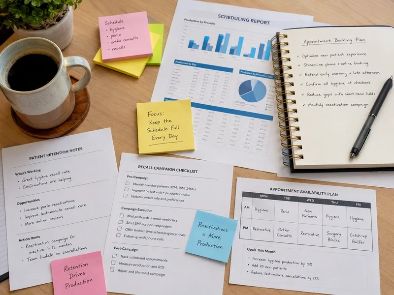 Dental recall and appointment retention plan laid out on a desk