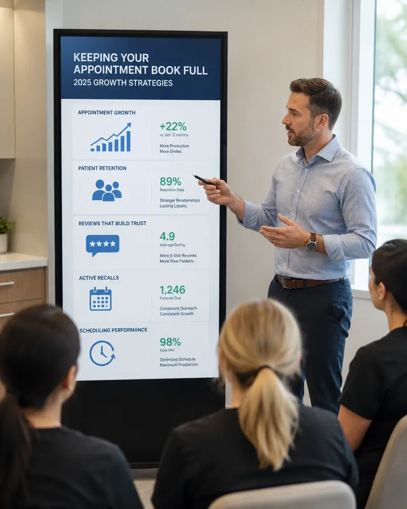 Healthcare marketing team reviewing a dental practice booking dashboard