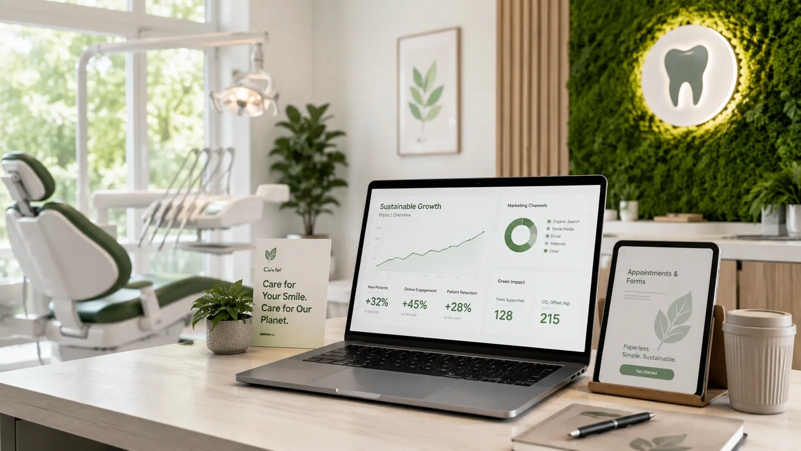 Dental practice owner reviewing a sustainable, digital-first marketing plan on a laptop