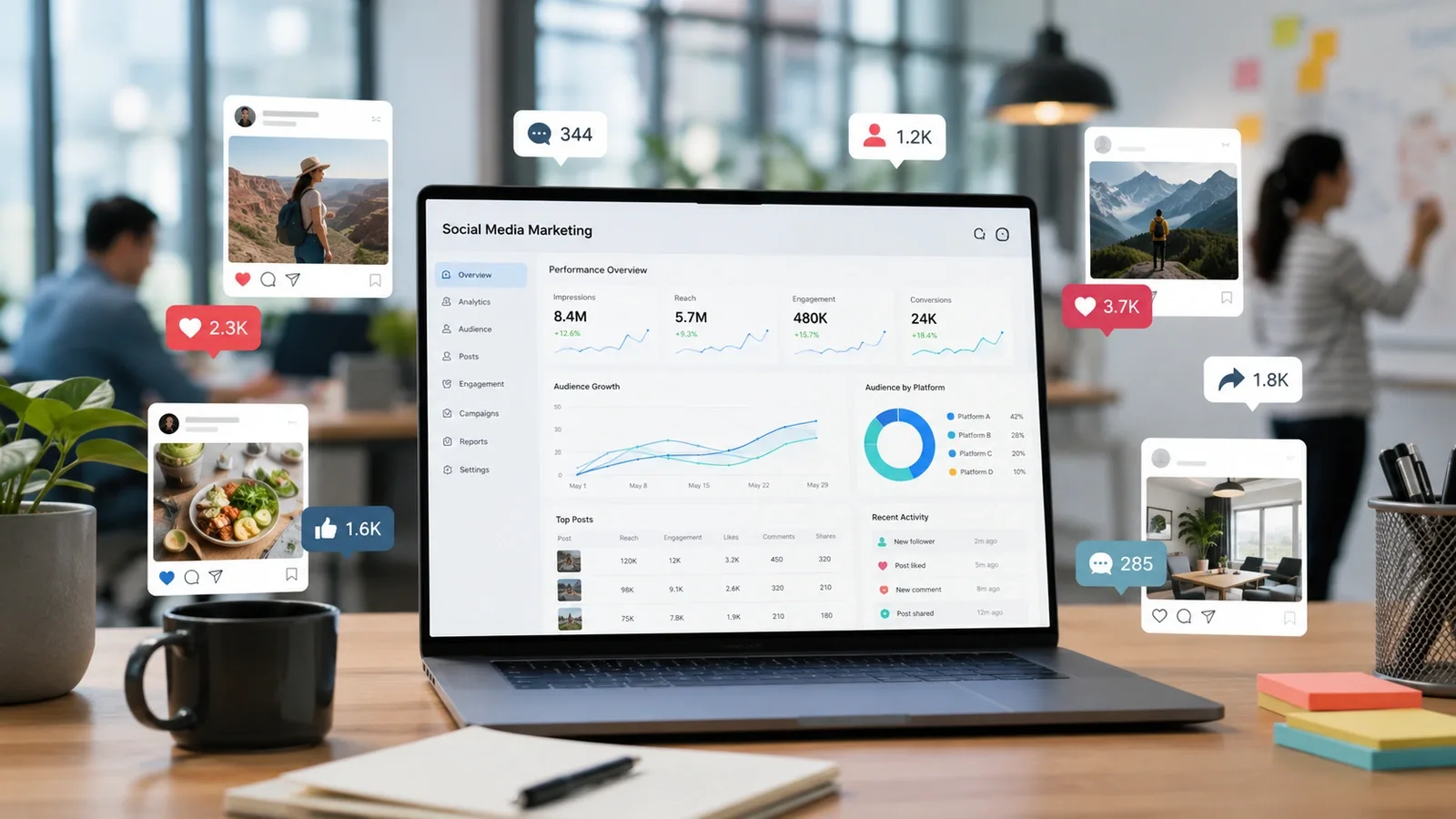 Startup founder planning a social media content calendar on a laptop and phone
