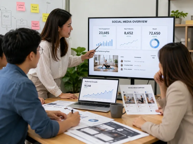 Social media engagement metrics and audience growth shown on a screen