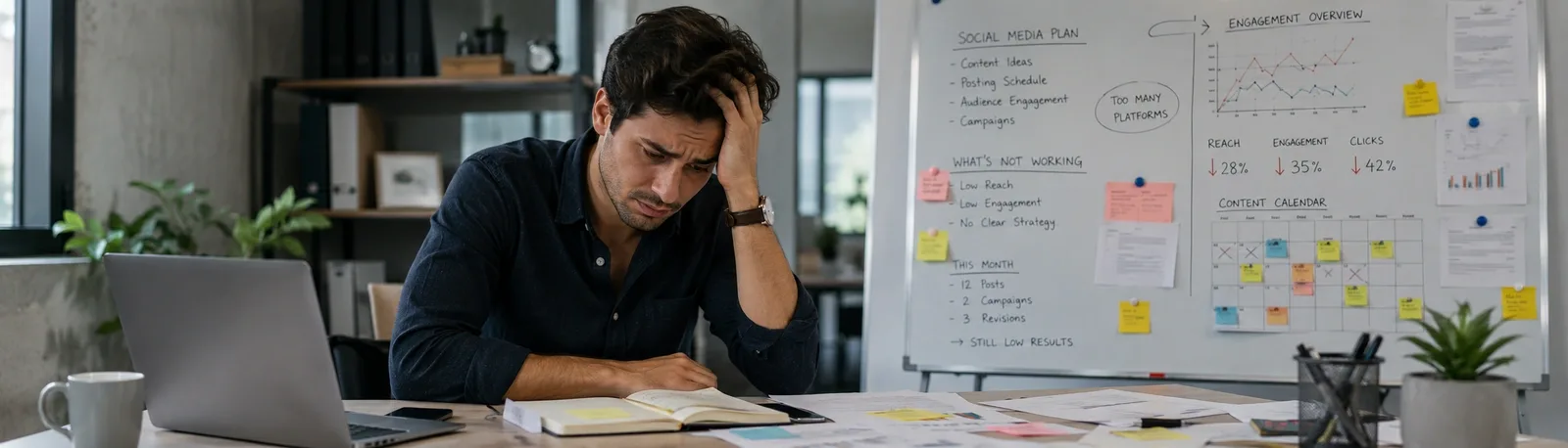 Founder reviewing underperforming social media analytics and metrics