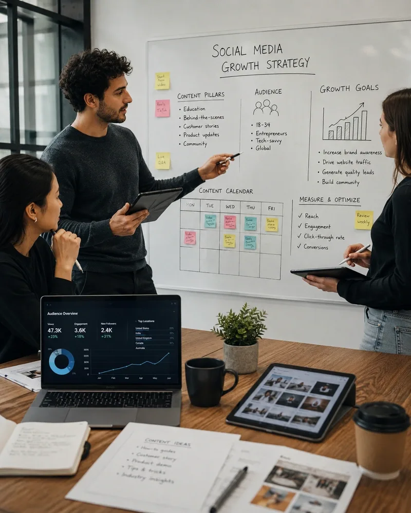 Marketing team reviewing social media campaign performance dashboards