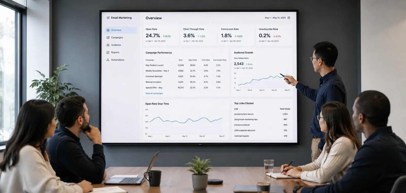 Healthcare marketing team reviewing email campaign analytics together