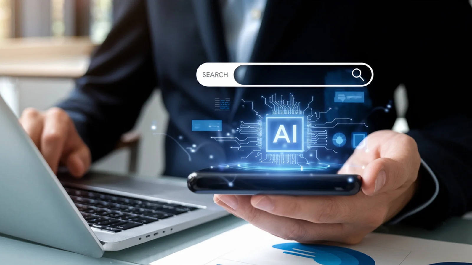 Healthcare practice owner reviewing AI-generated website design options on a laptop