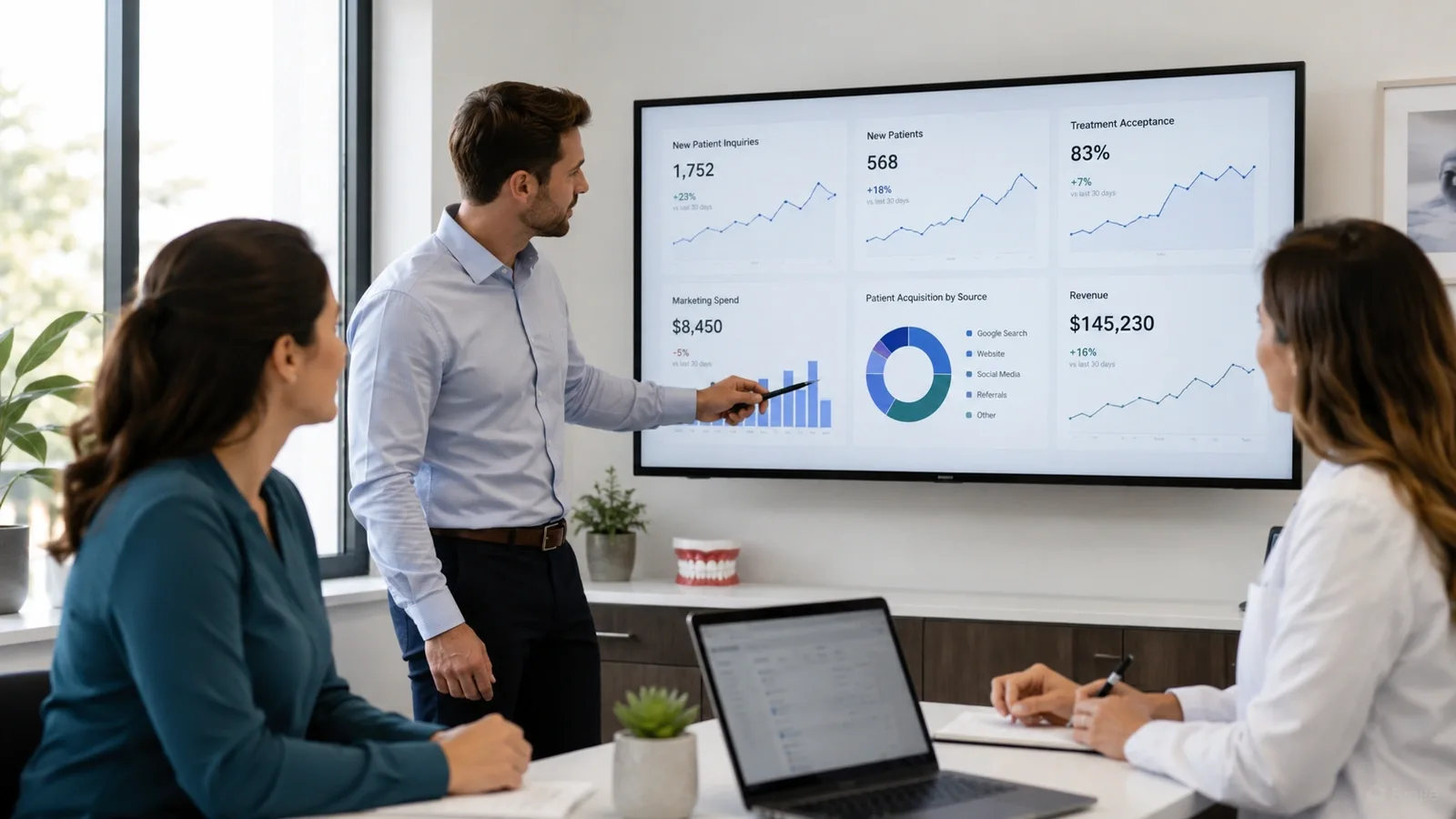 Dental practice owner reviewing a marketing analytics dashboard on a laptop