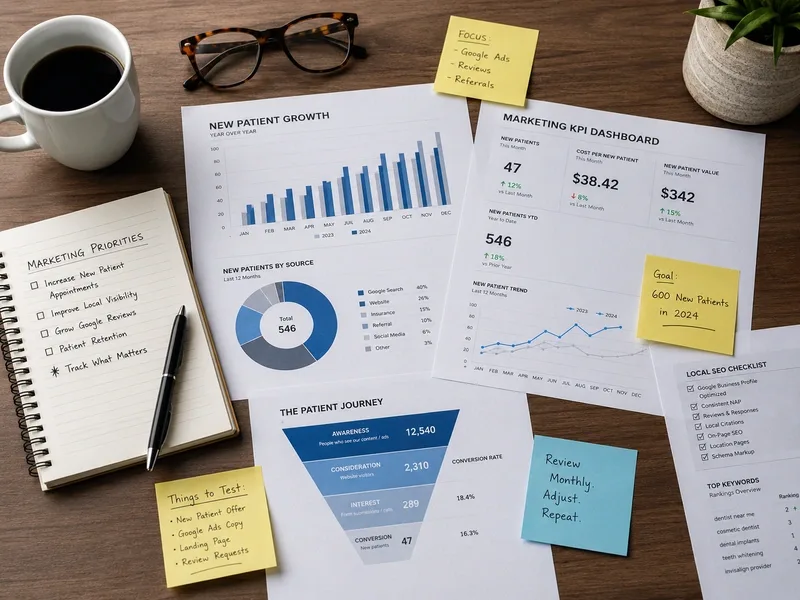 Marketing analytics charts and performance metrics displayed on a screen