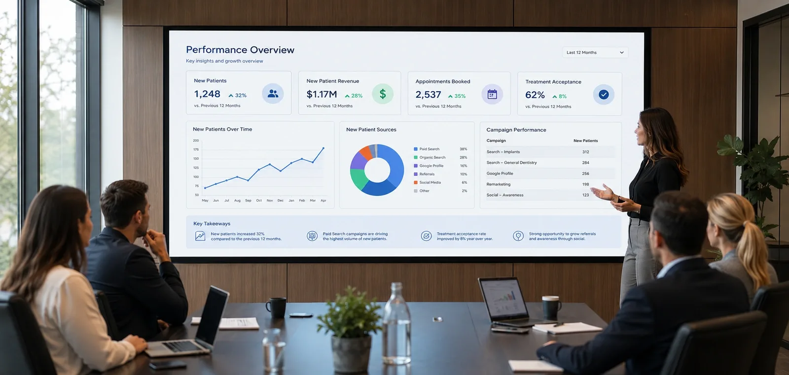 Hands reviewing financial and performance charts during a marketing strategy session