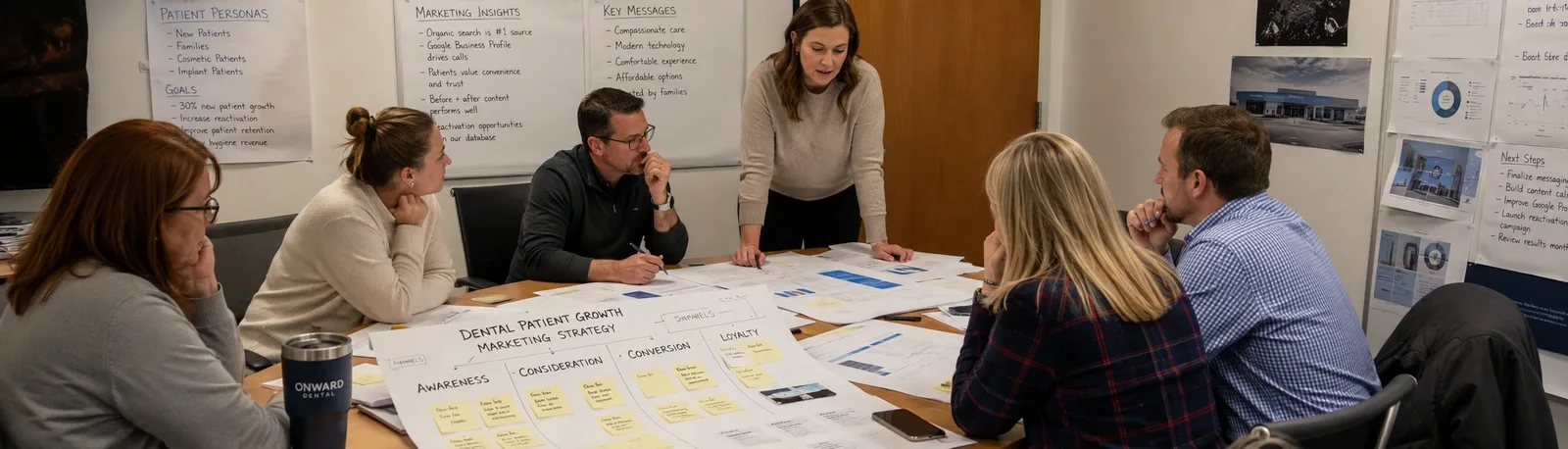 Dental practice team in discussion about digital marketing strategy