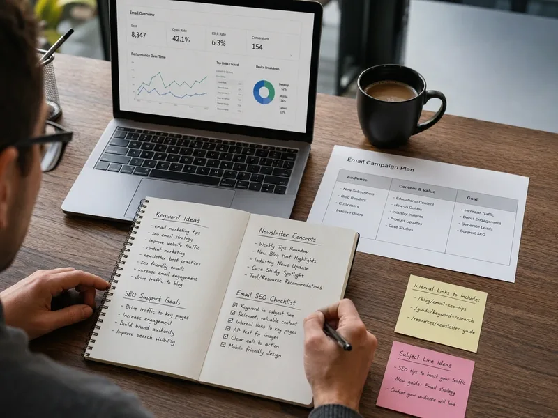 Email newsletter open on a phone next to a laptop showing website traffic charts