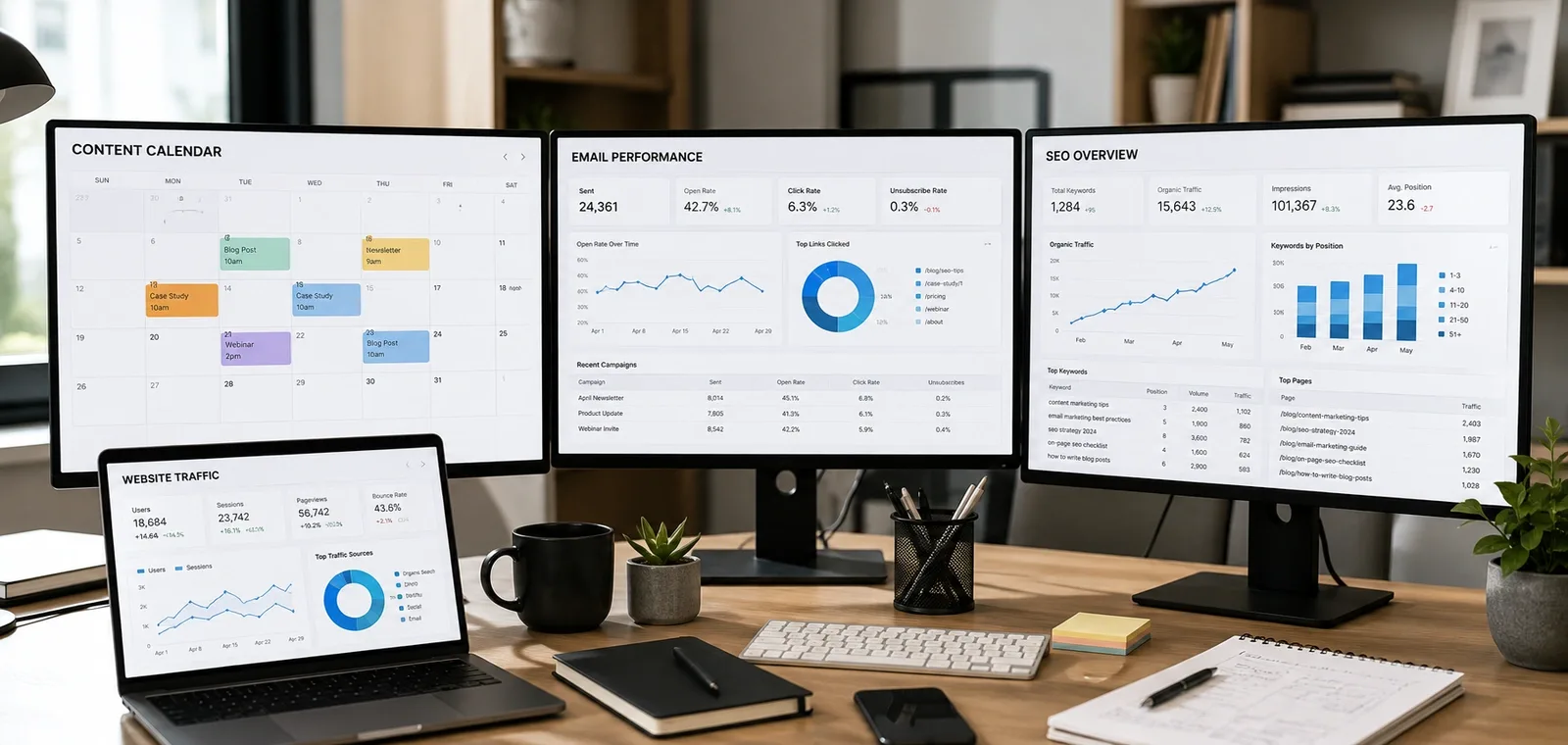 Marketing team reviewing email and search performance dashboards together