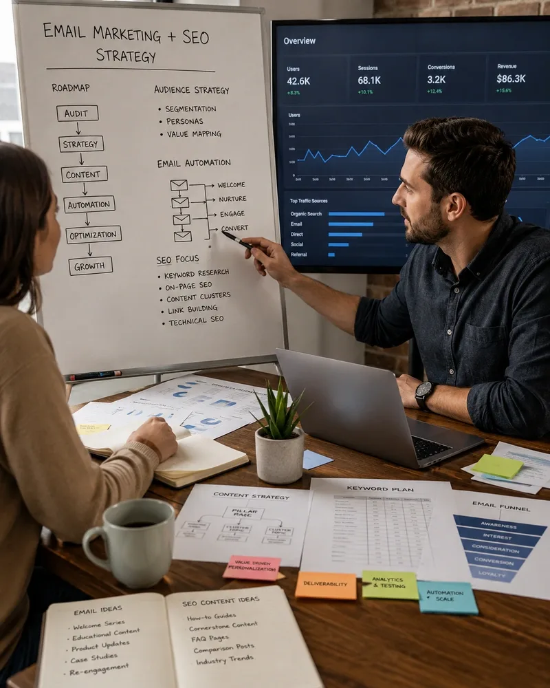 Healthcare marketing team mapping an email and SEO content strategy on a whiteboard