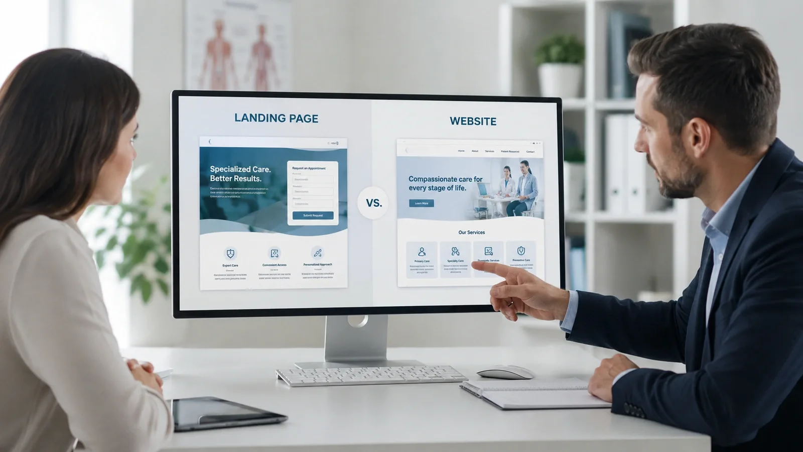 Healthcare practice owner comparing a landing page and full website on a laptop