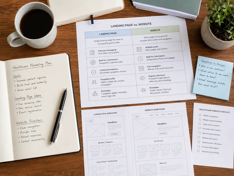 Side-by-side view of a focused healthcare landing page and a full practice website