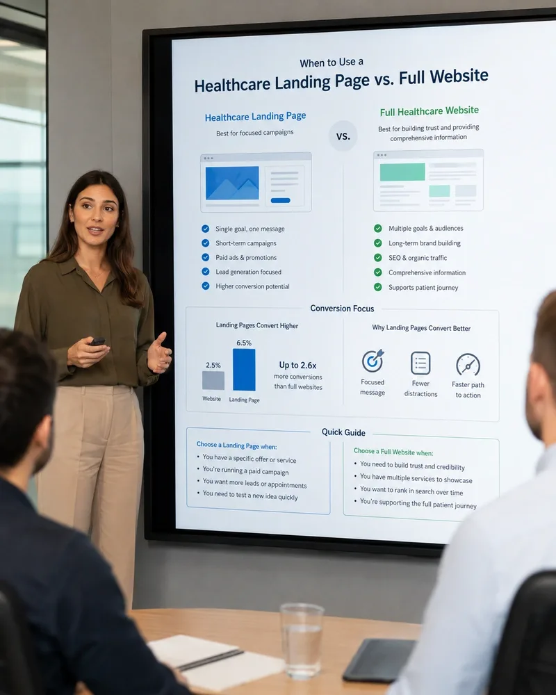 Healthcare marketing team reviewing a practice website and campaign landing page design