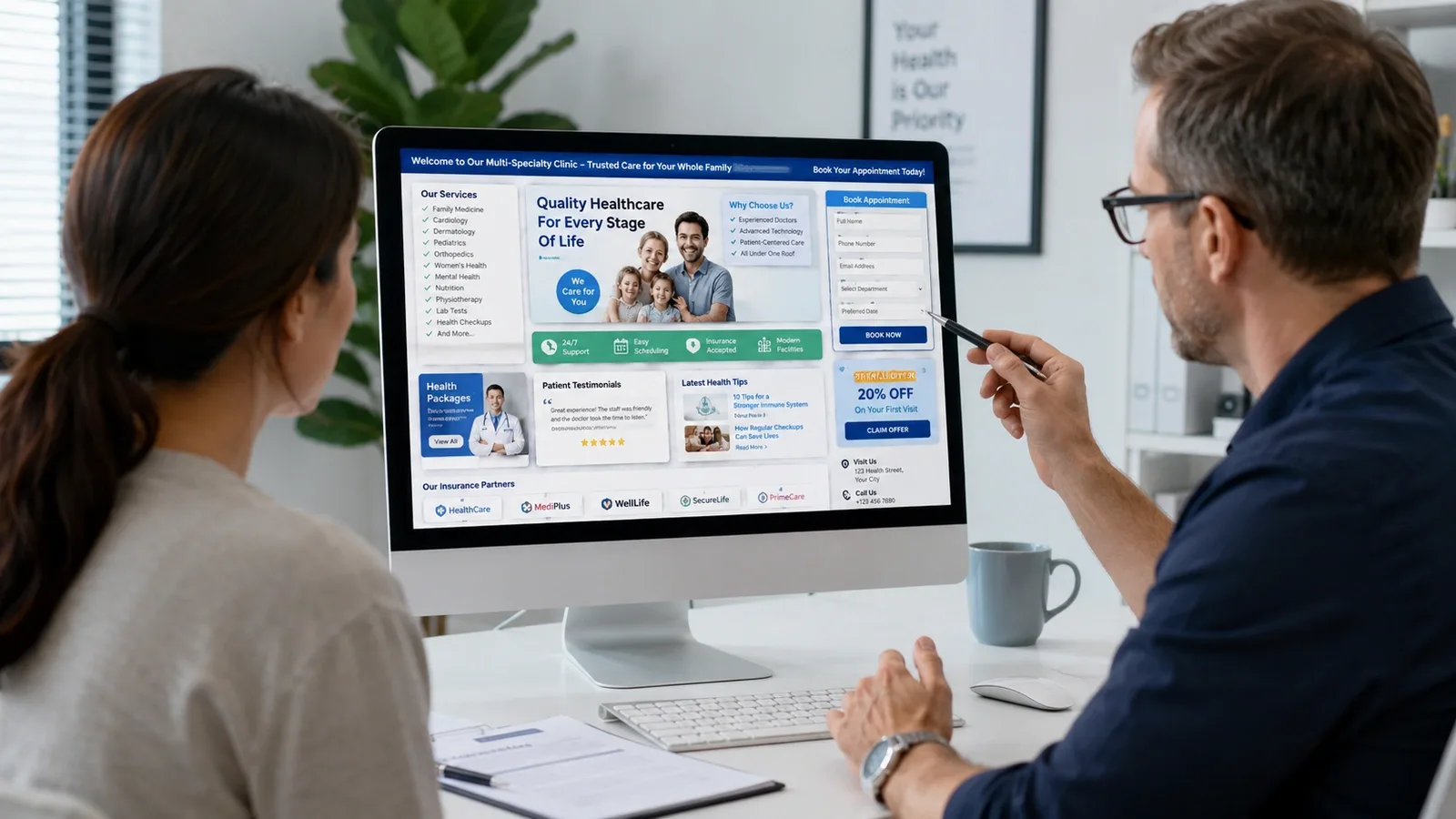 Reviewing a polished clinic website with an appointment booking form