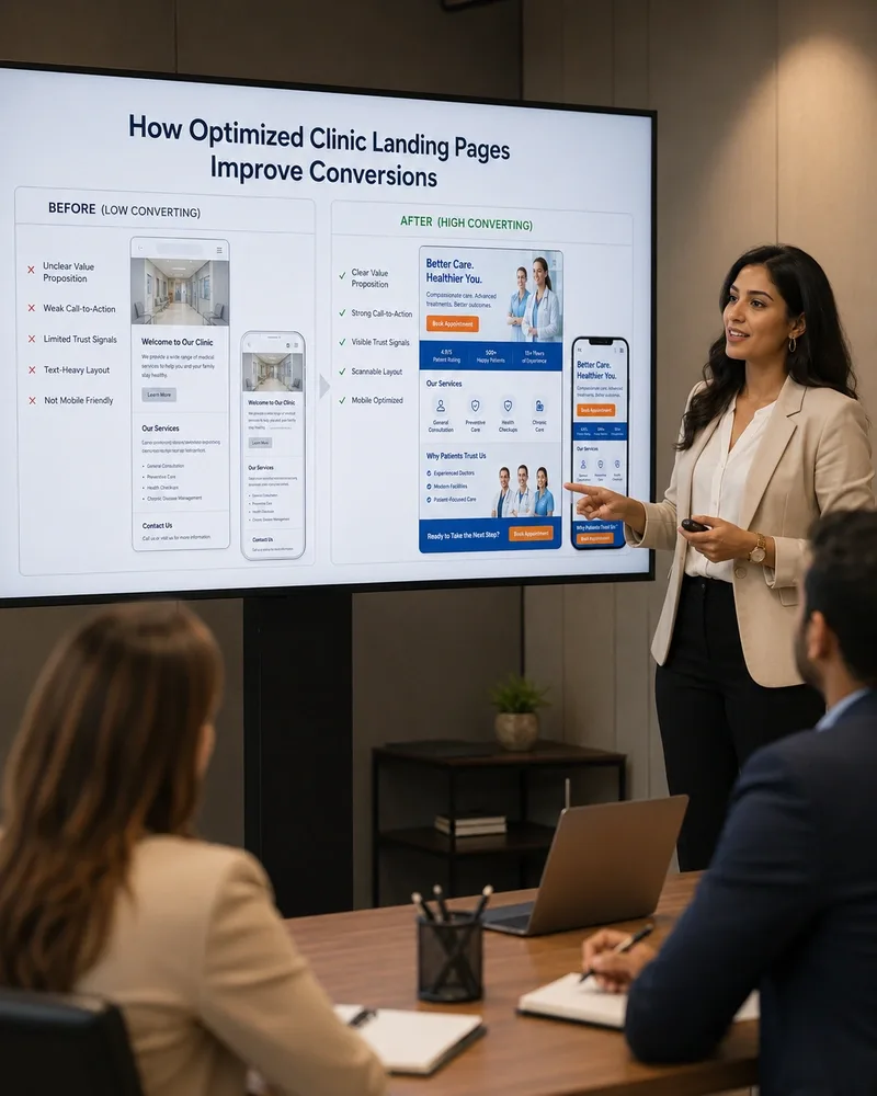 Healthcare marketing team reviewing a high-converting clinic landing page design