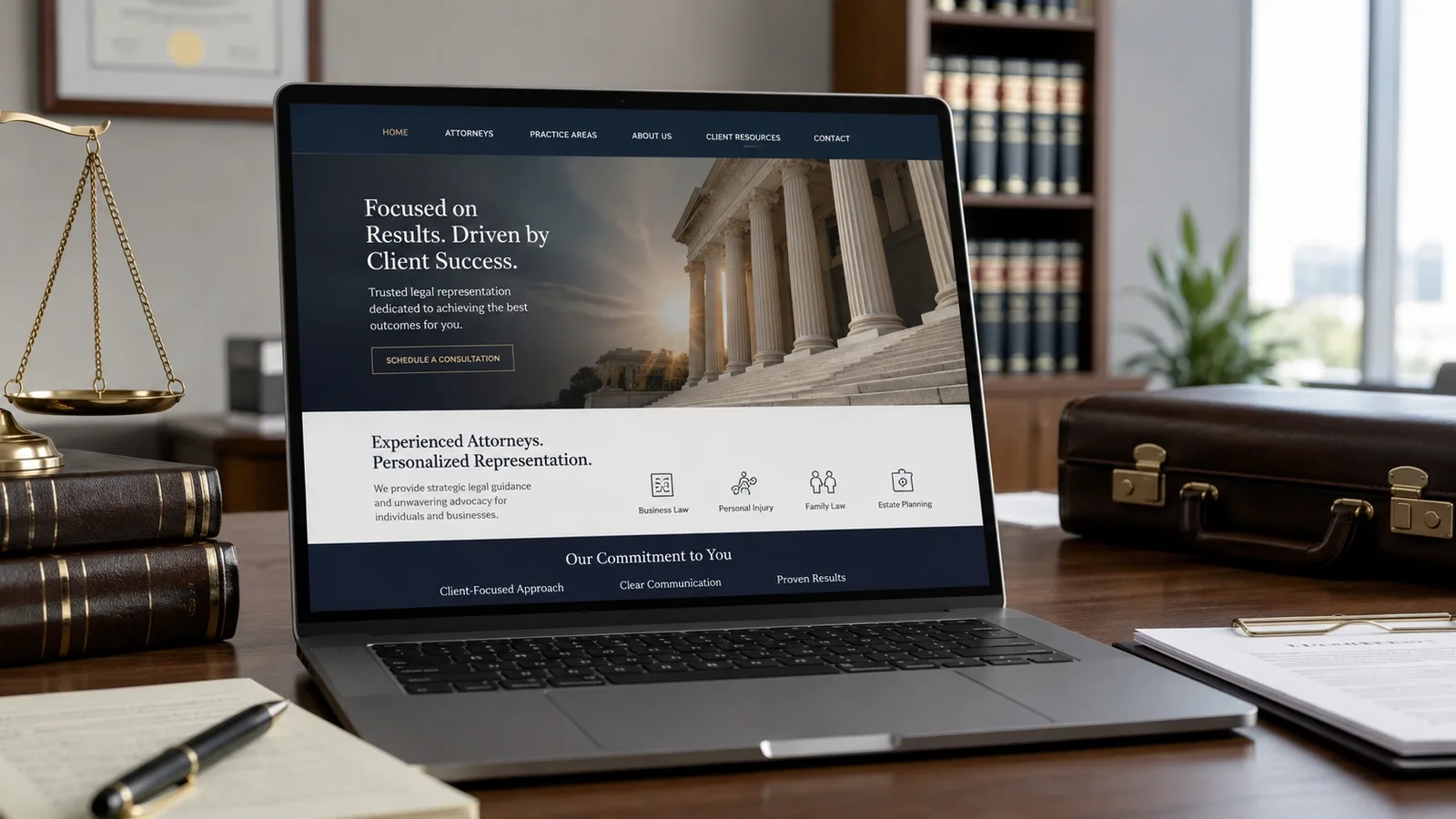 Law firm partner reviewing the firm's website design on a laptop to attract more clients