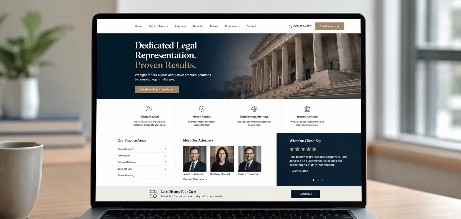 Attorney shaking hands with a new client in a law office reception area