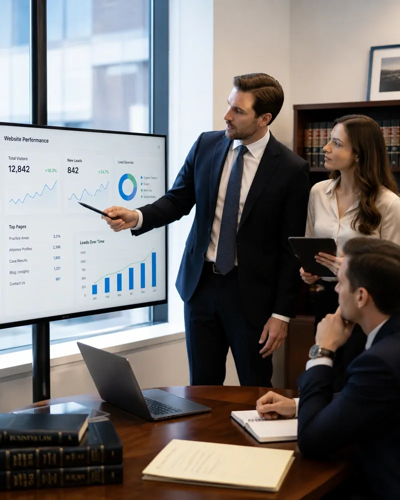 Marketing team reviewing a custom, conversion-focused law firm website design