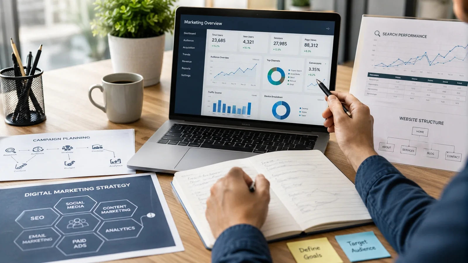 Healthcare practice owner and marketing expert reviewing paid advertising campaign performance on a laptop