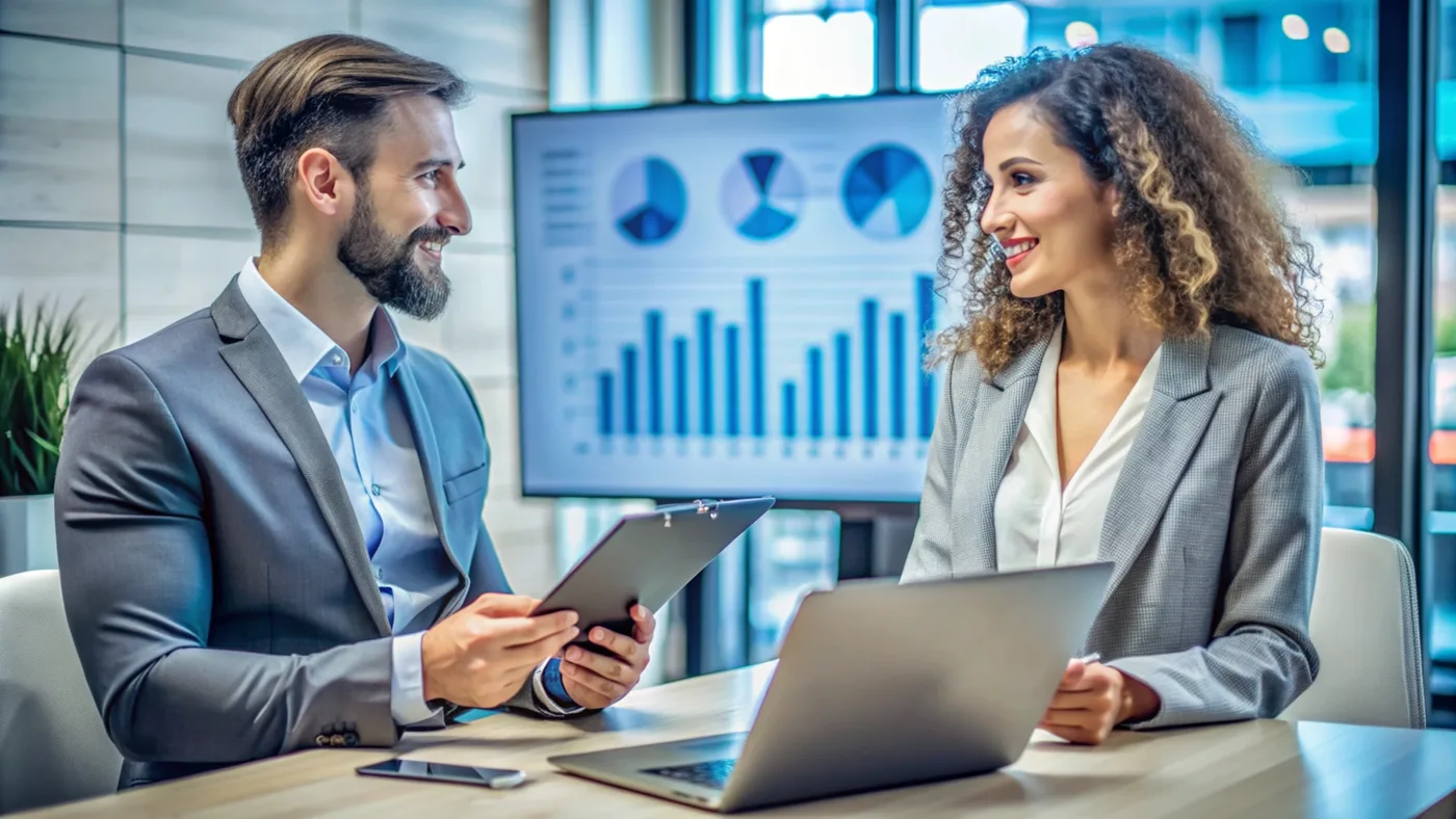 Marketing team reviewing AI-powered cost savings and efficiency metrics on a dashboard