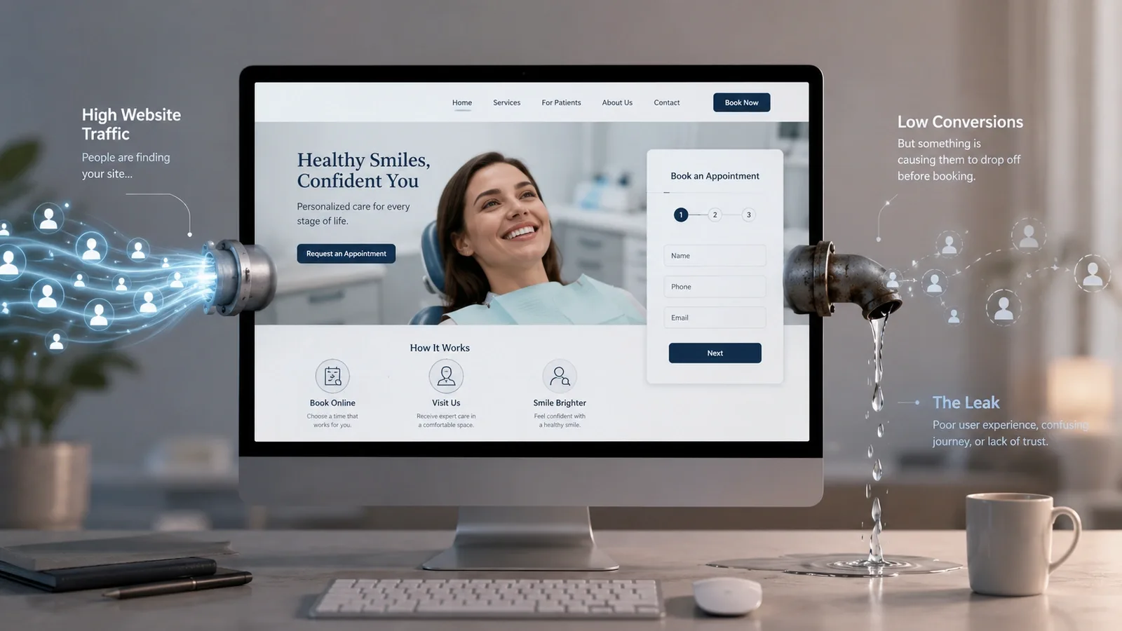 Practice owner reviewing website analytics that show traffic but few appointment bookings