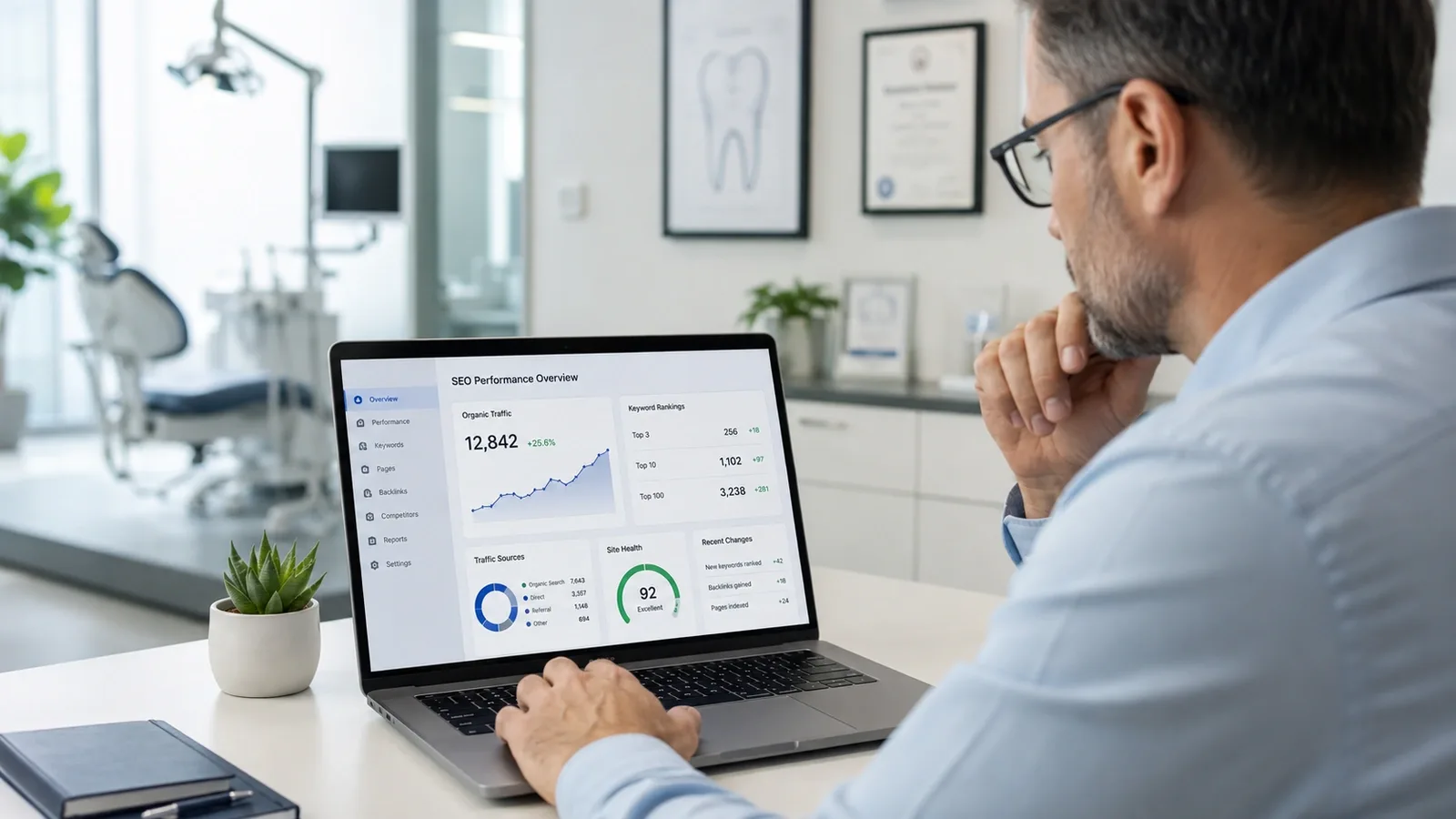 Healthcare practice owner reviewing organic search rankings and SEO analytics on a laptop