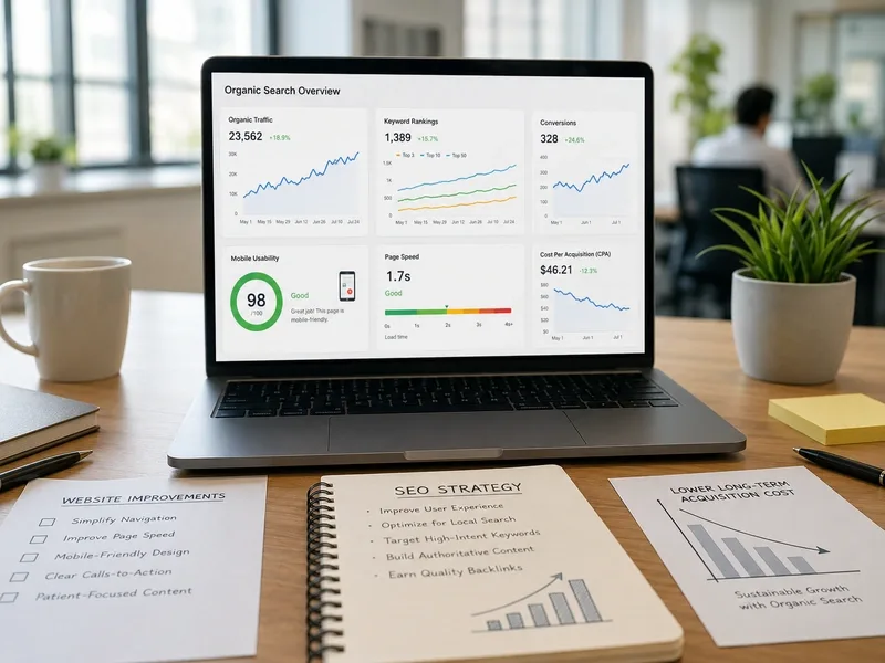 Search analytics dashboard showing organic traffic growth for a healthcare website