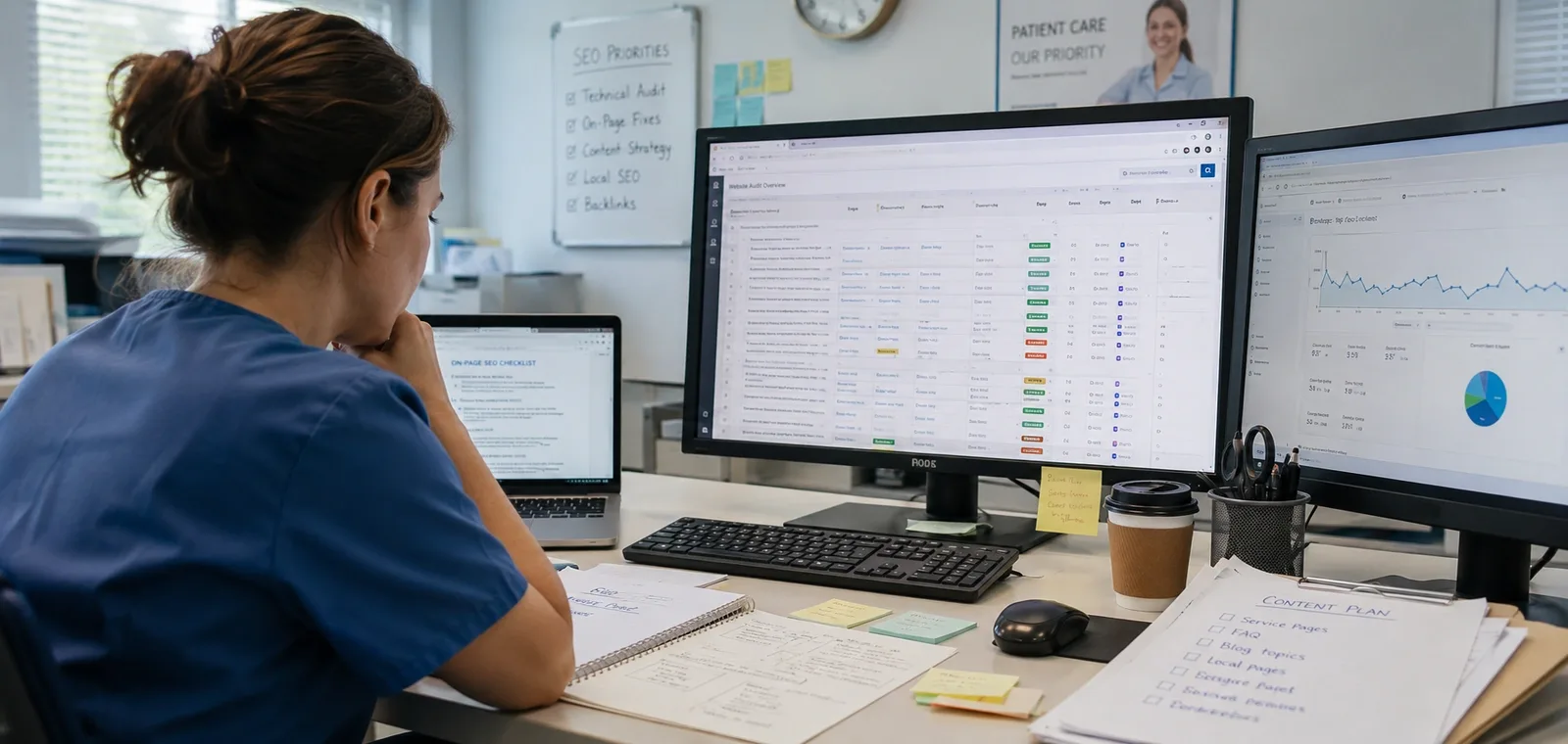 Marketing team reviewing organic search performance charts on a large display