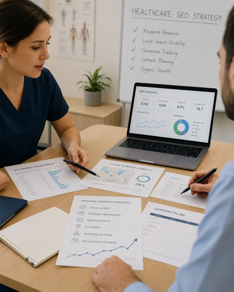 Healthcare marketing team reviewing an SEO strategy and keyword plan for a dental practice