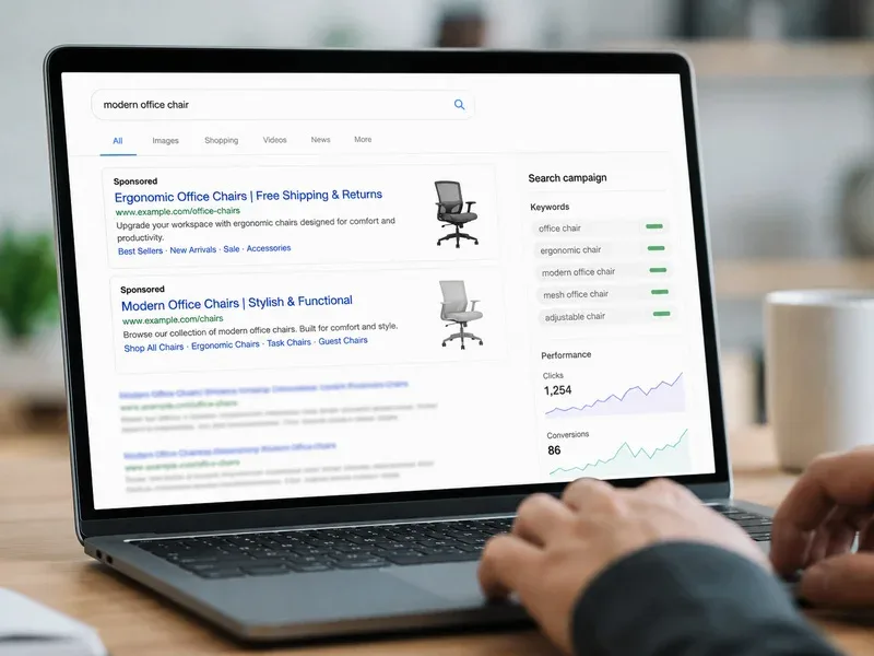 Google Ads analytics and campaign performance charts displayed on a screen