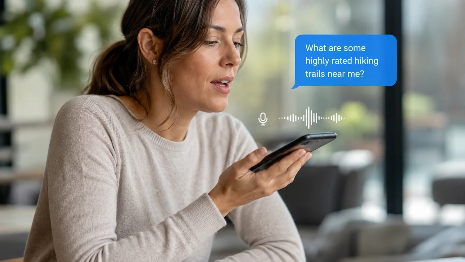 Patient using a voice assistant on a smartphone to search for a nearby healthcare practice