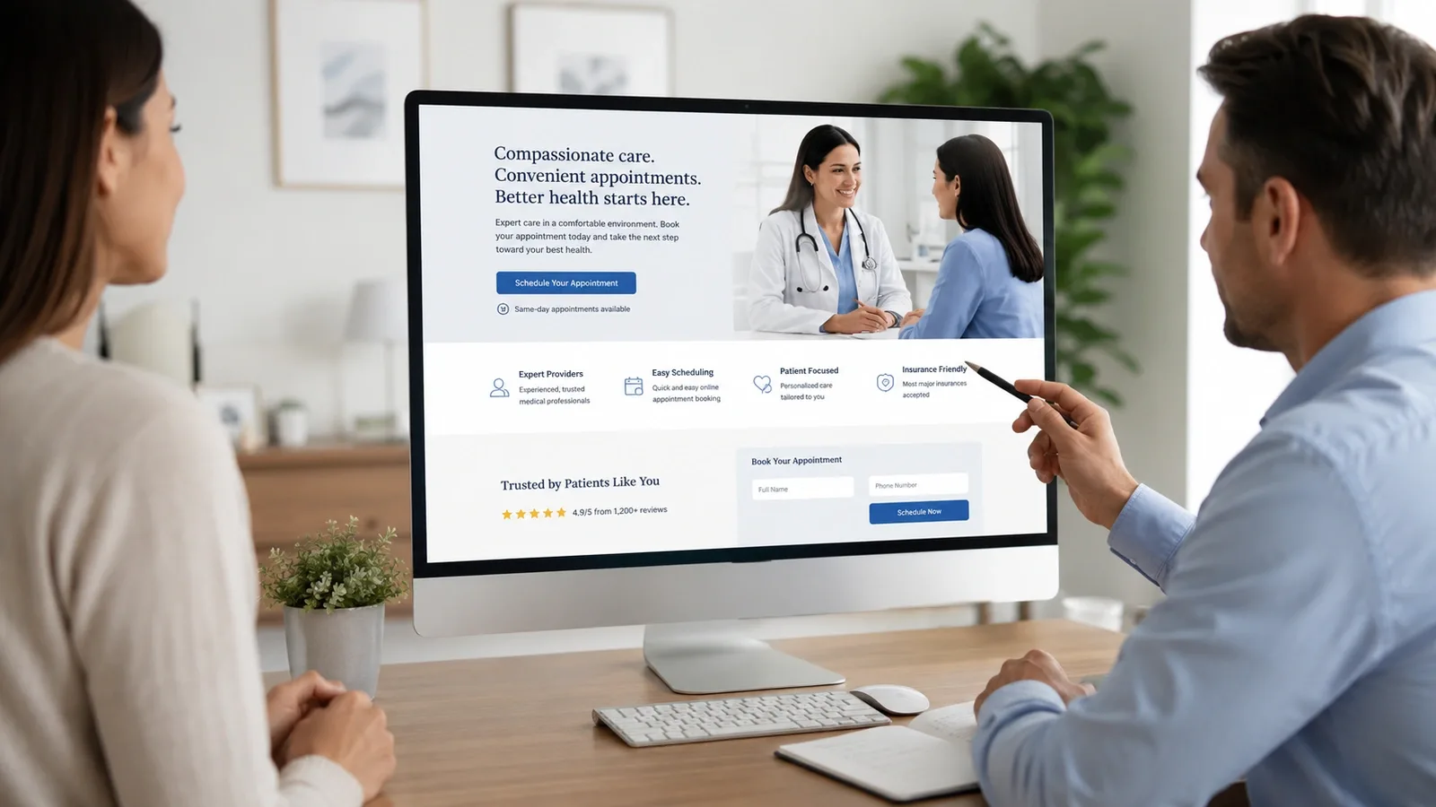 Clinic owner reviewing a healthcare landing page designed to book more patient appointments