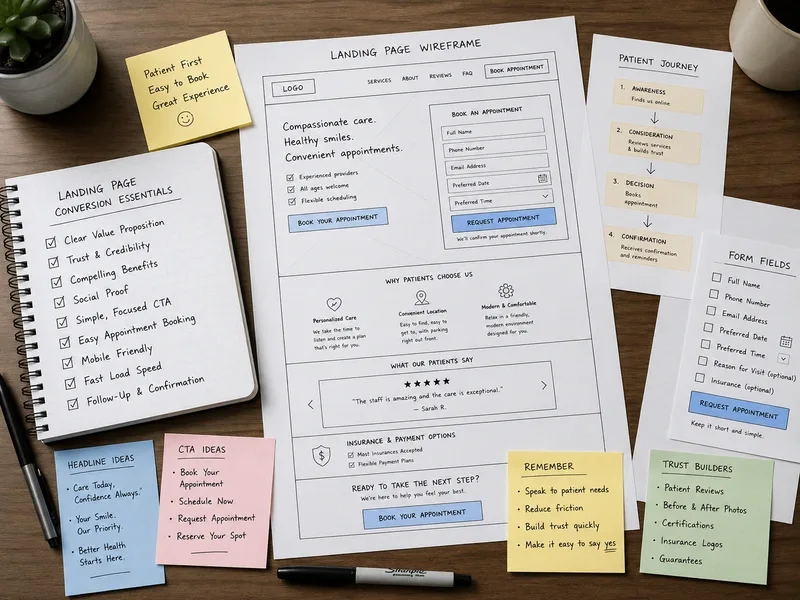 Healthcare landing page layout being reviewed for conversion improvements