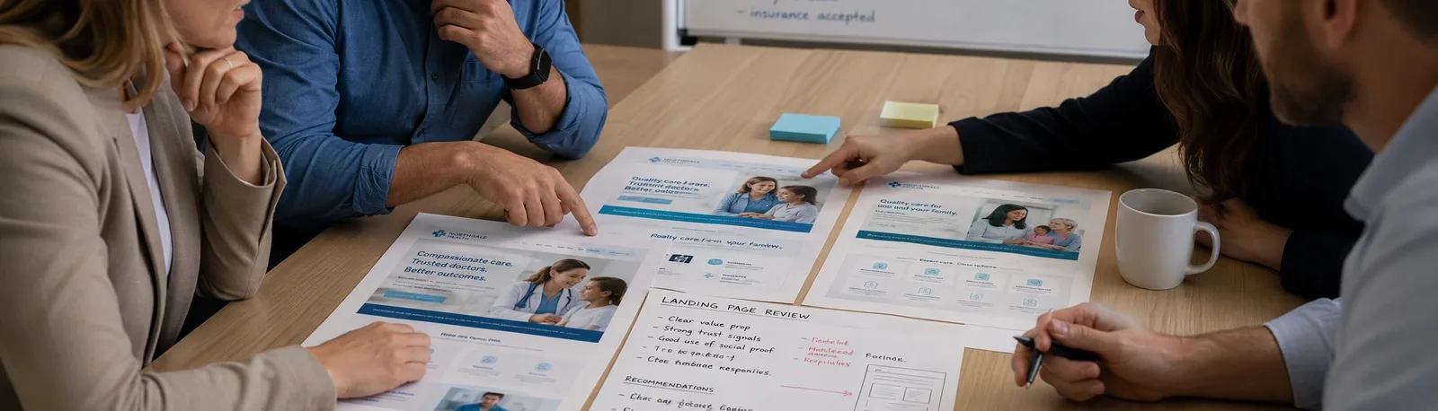 Clinic team discussing why their landing page is not converting visitors into patients
