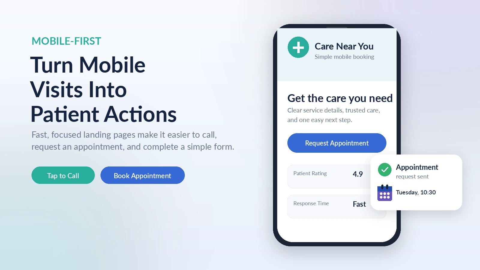 Patient using a smartphone to view a healthcare landing page and request an appointment