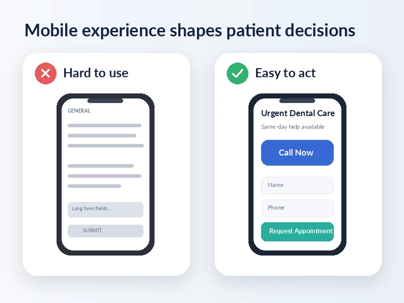 Mobile interface showing a healthcare landing page with appointment request options